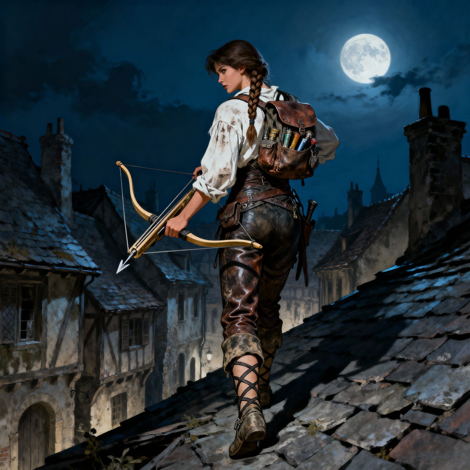 Female Rogue Thief Aiming Crossbow on Medieval Rooftops