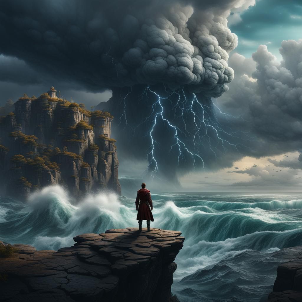 Solitary Figure Overlooking Turbulent Waters in Fantasy Art