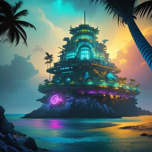 Tropical Cyberpunk Fortress on Bioluminescent Shore