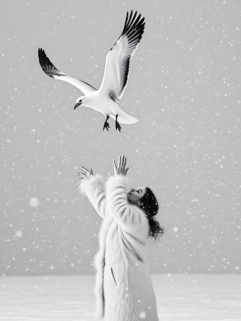 Elegant Woman Releases White Albatross in Snowy Storm, Black...