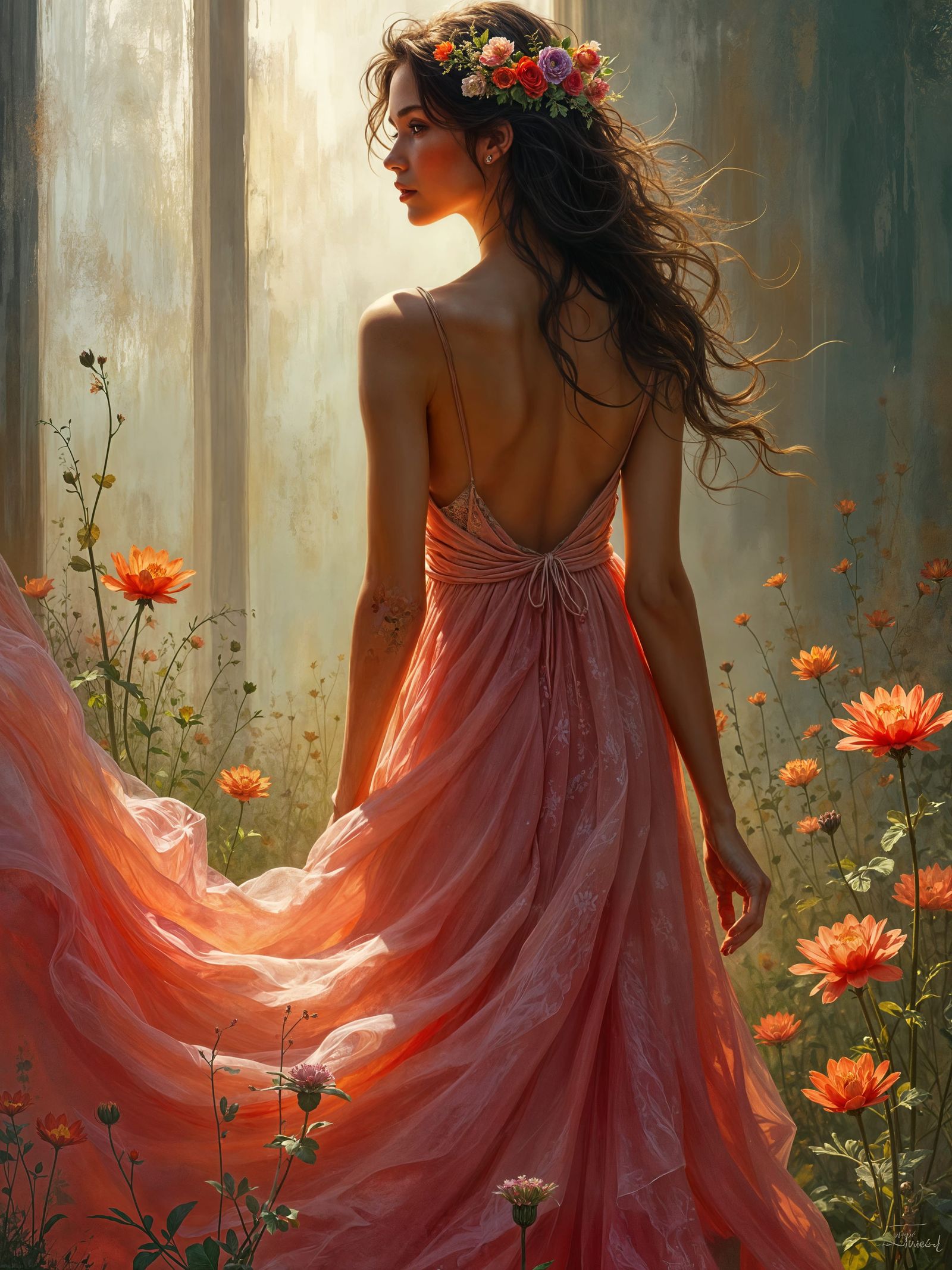 Surreal Fantasy Portrait of a Woman amidst Flowers and Vials