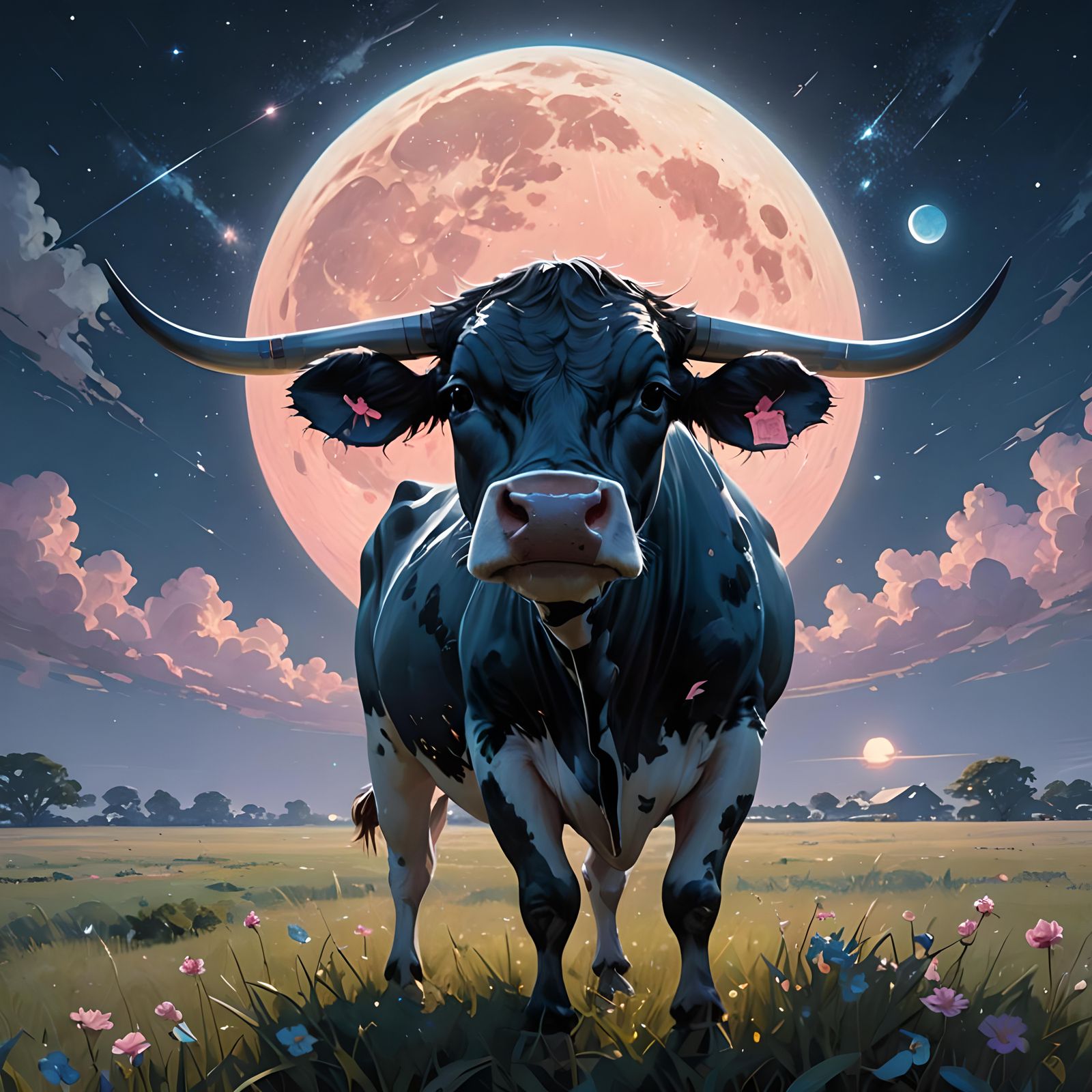 Spaceship Moon Illuminates Cow in Starry Field
