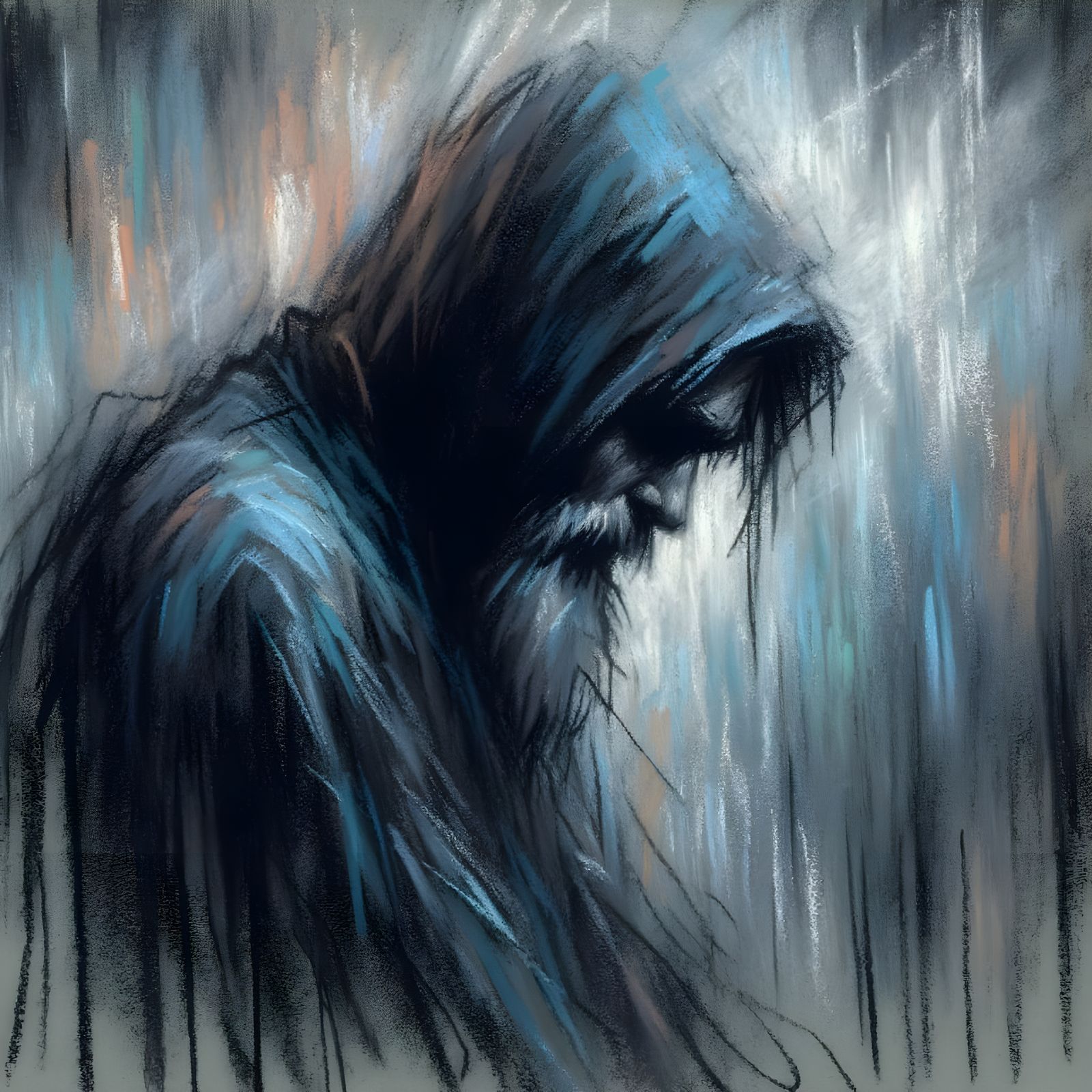 Desolate Figure Shrouded in Blue and Gray Hues