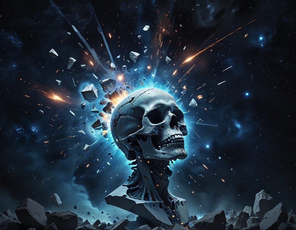 Surreal Explosion of a Shattered Art Deco Skull in a Starry ...