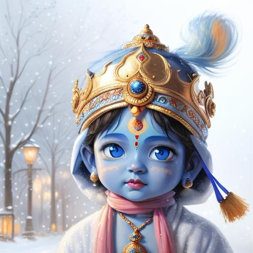 Baby Krishna in Snow Town: Oil Painting