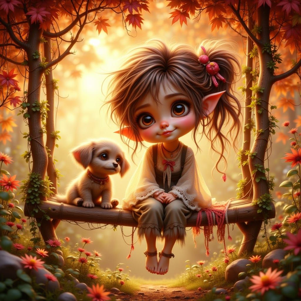 Girl and Puppy on Autumn Swing in Storybook Style