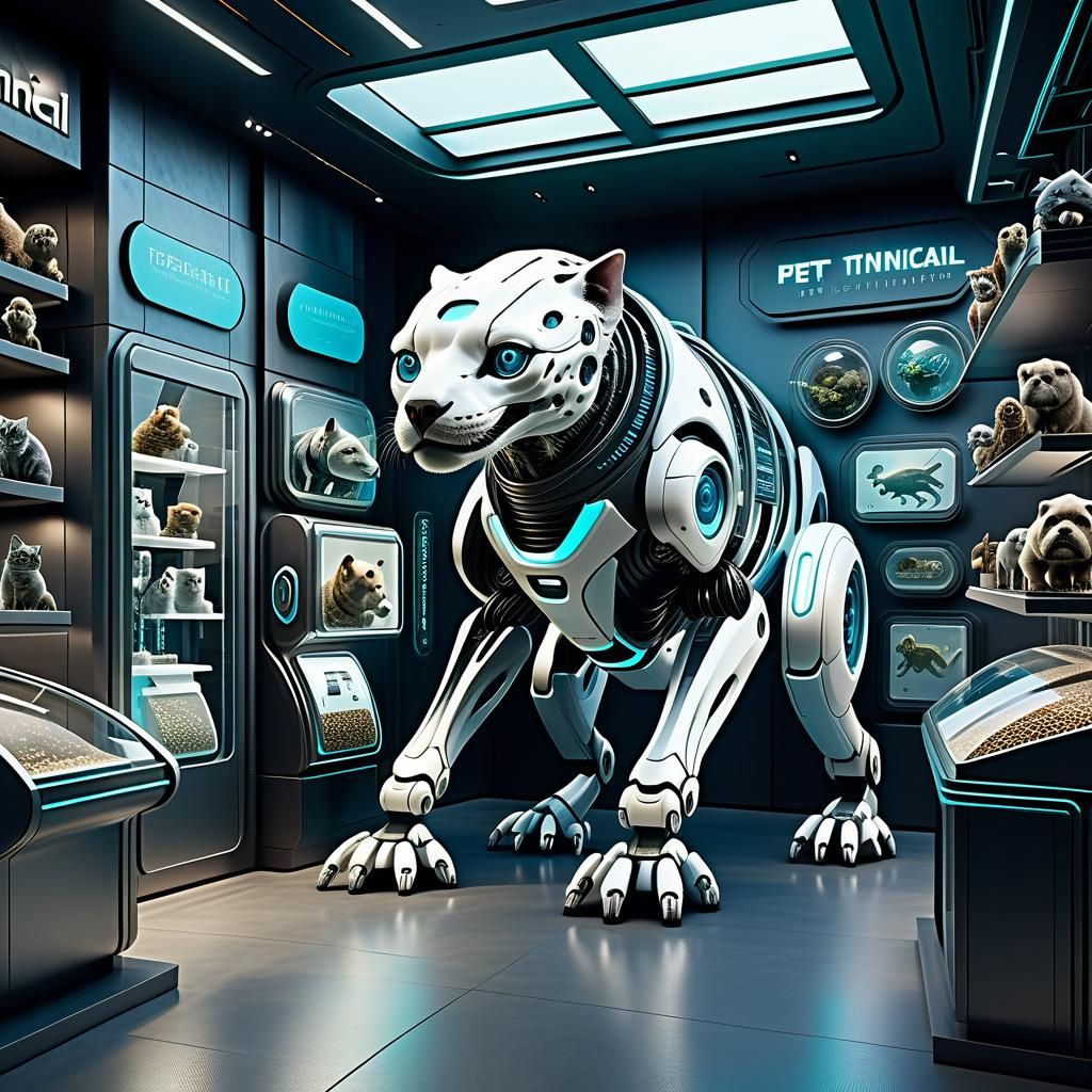 Futuristic Biomechanical Pet Store: Hyperrealistic Art