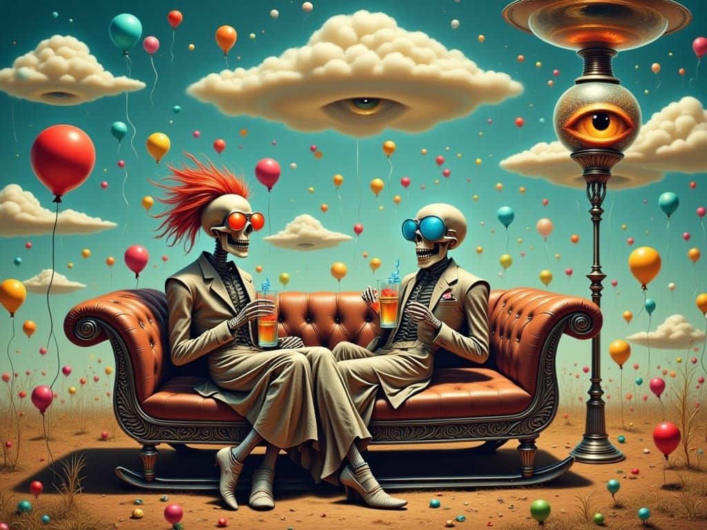 Surreal Dreamscapes with Cheery Skeletons in Fancy Attire