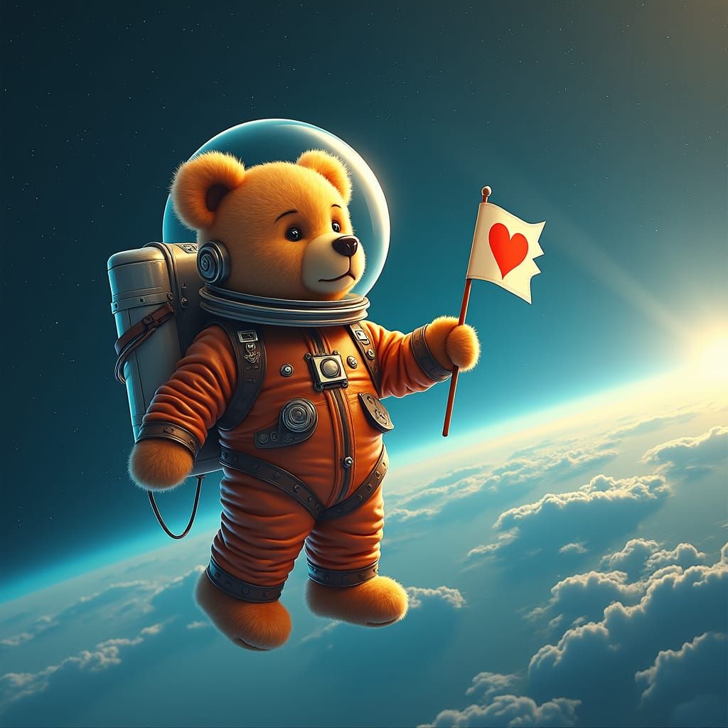 Teddy Bear Astronaut Watching Earth, Retrofuturistic Art