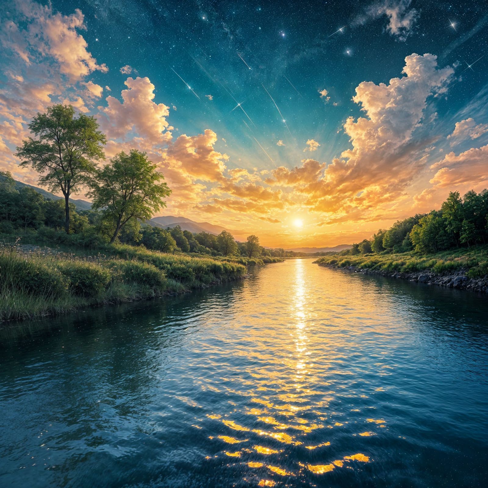 River Reflecting Sunset and Starry Sky