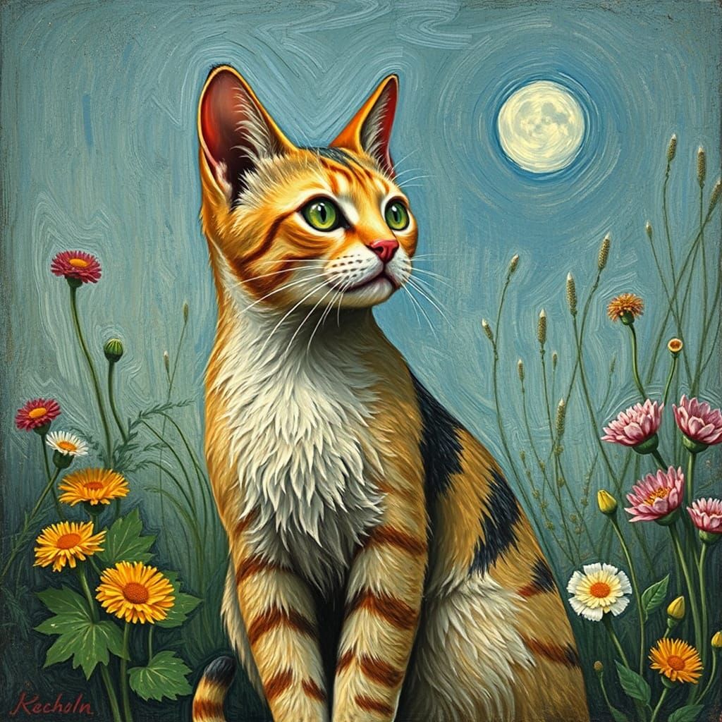 Surreal Cat in a Garden, Dreamlike Art