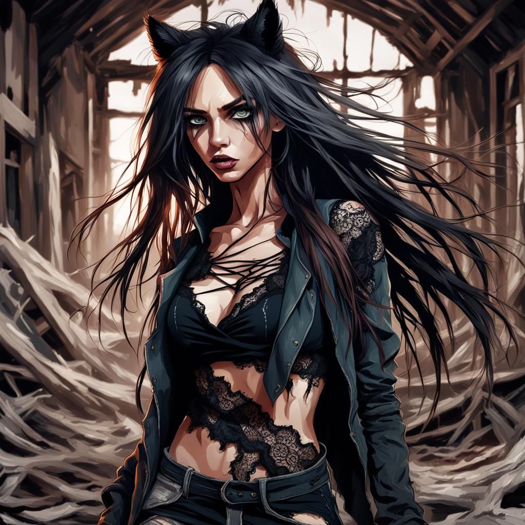 Edgy Vixen in Torn Lace with Expressive Eyes