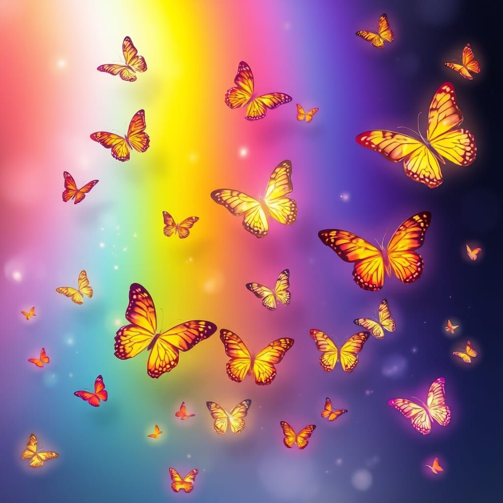 Vibrant Rainbow Filled with Glowing Butterflies in Watercolo...