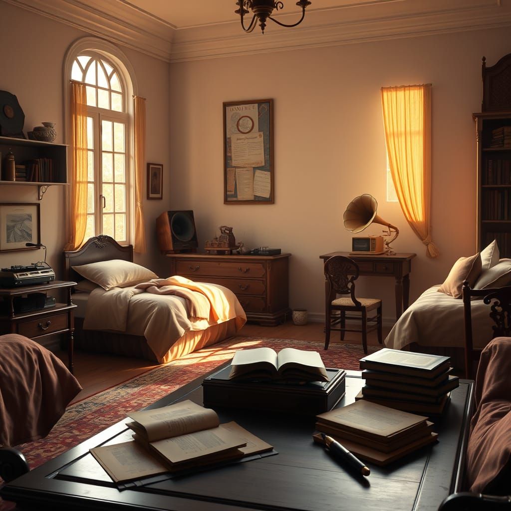 Warm Cozy Bedroom Scene with Golden Sunlight and Vintage Ant...