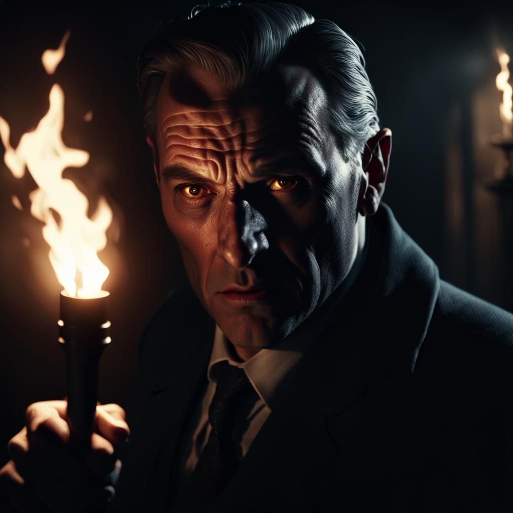 Still from an art noir film. A dramatic photo, showing a sinister face being illuminated by a light from a powerful torc...