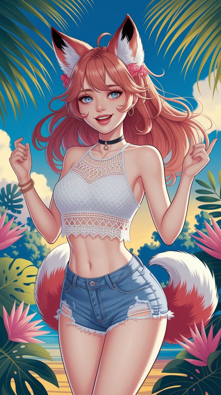 Fox-Eared Woman in Tropical Shoujo Anime Style