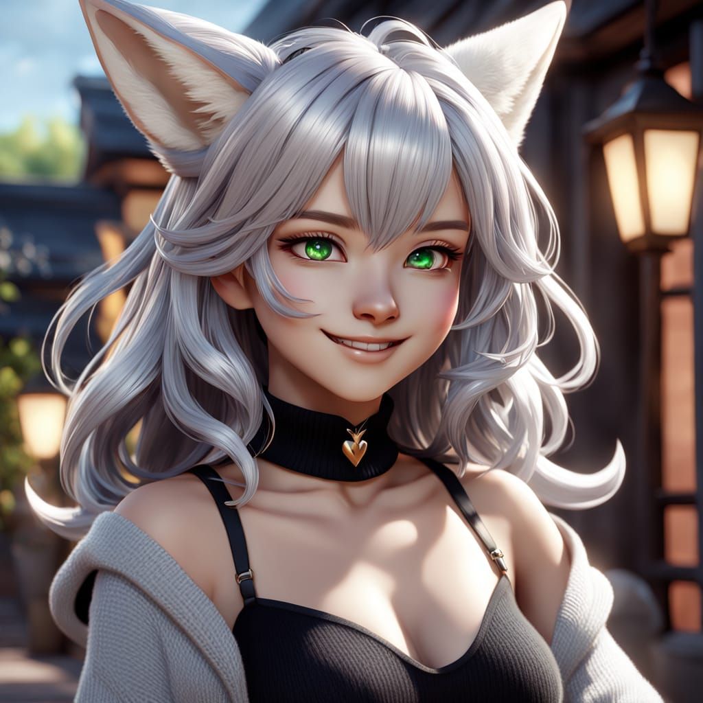Anime-Inspired Waifu with Fennec Fox Ears and Silver Hair