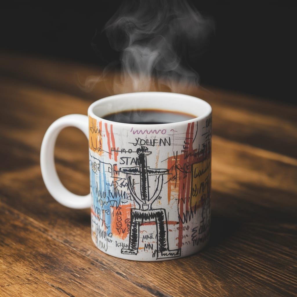 Basquiat-Inspired Coffee Mug Scene with Steaming Coffee