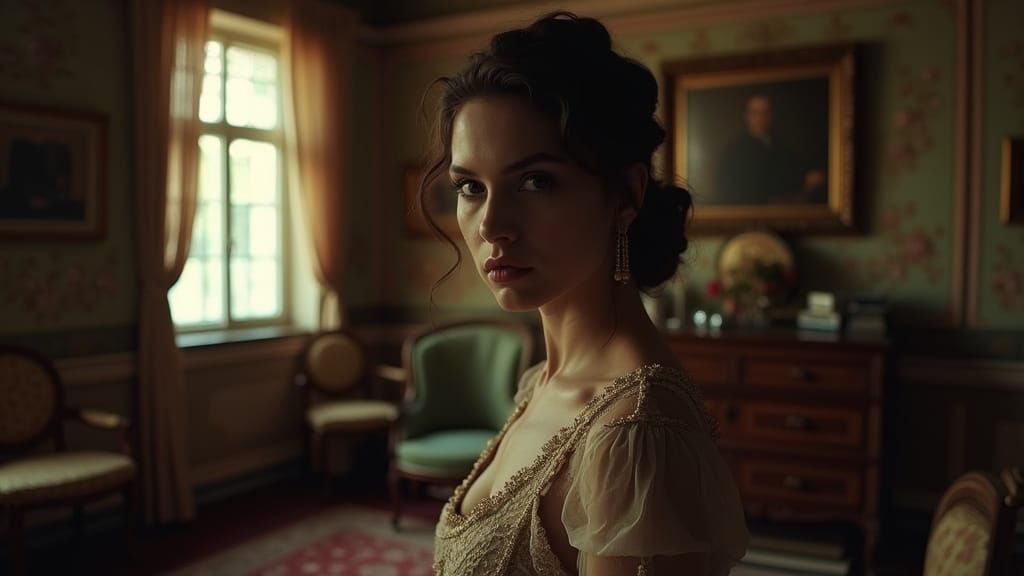 Elegant Woman Poses in Vintage Room with Dramatic Lighting