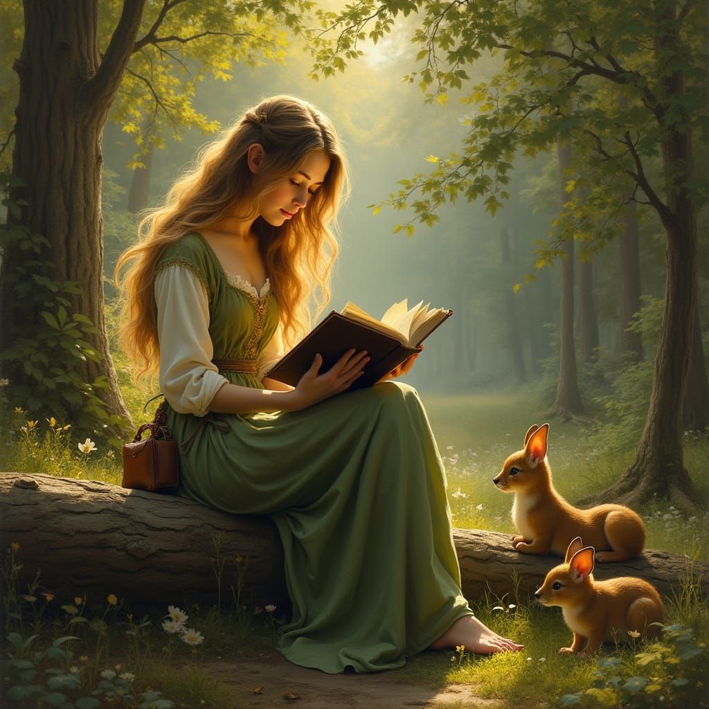 Enchanting Forest Scene in Pre-Raphaelite Style