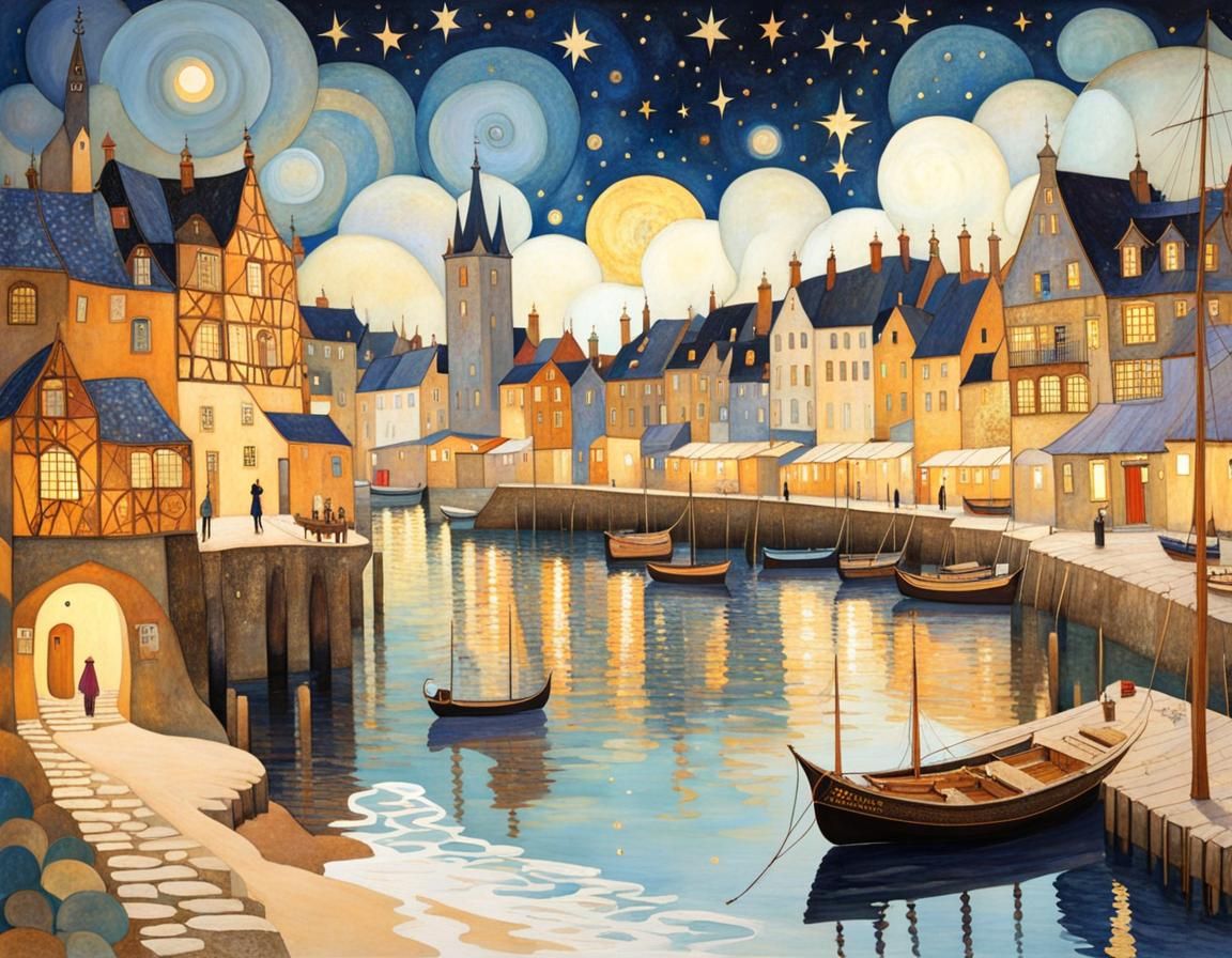 Medieval Port Town Under Endless Stars in Intricate Artistic...