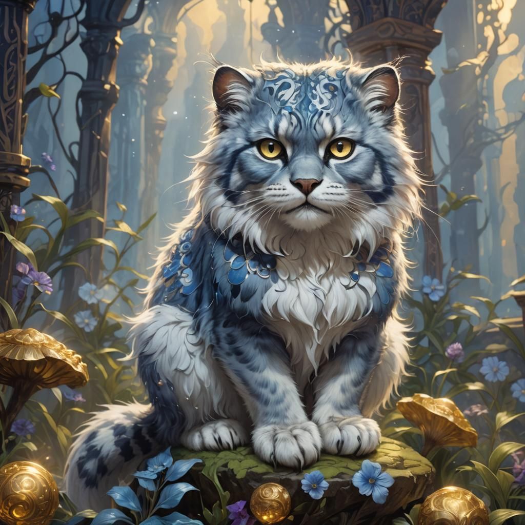 Blue Manul in Ornate Chamber, Art Nouveau Style