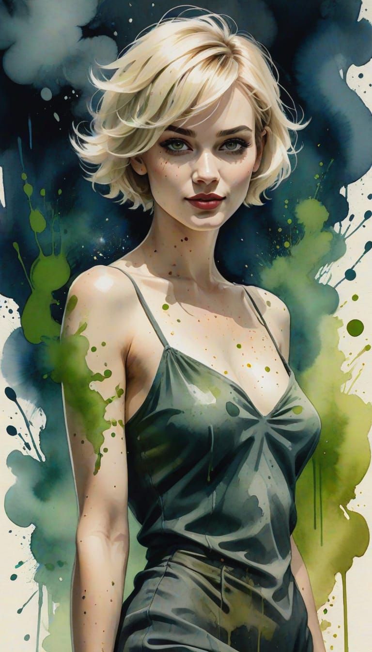 Pixie Pin-Up Woman in Surreal Watercolor Style