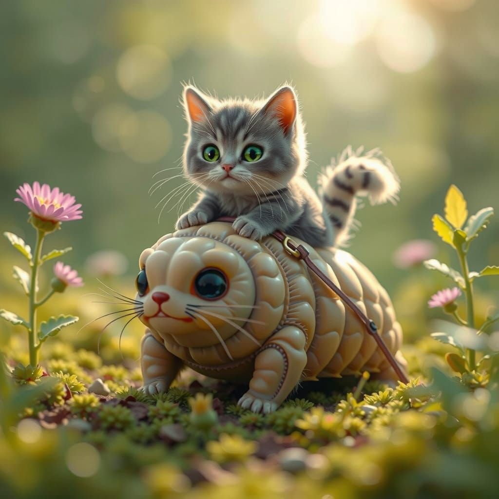 Miniature Cat Rides Tardigrade in Microscopic Garden