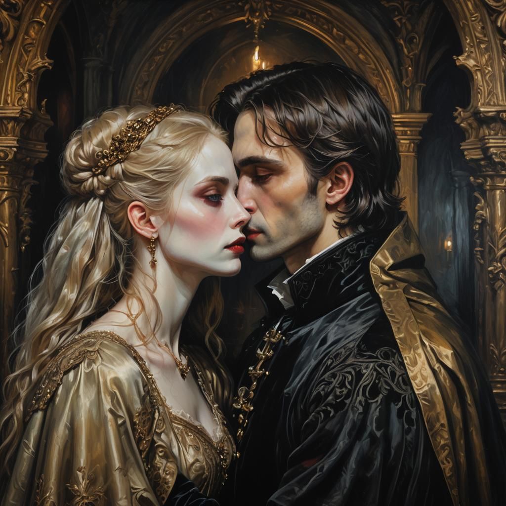Passionate Vampire Kiss in Dark Gothic Chamber
