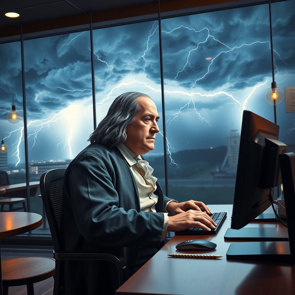 Ben Franklin on PC in Coffee Shop, Lightning Storm