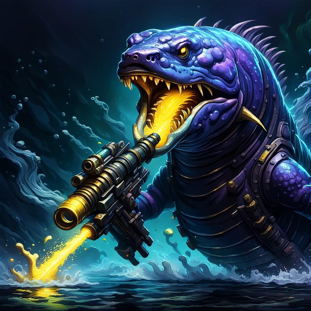 Electric Eel Wielding Minigun in Dark Waters