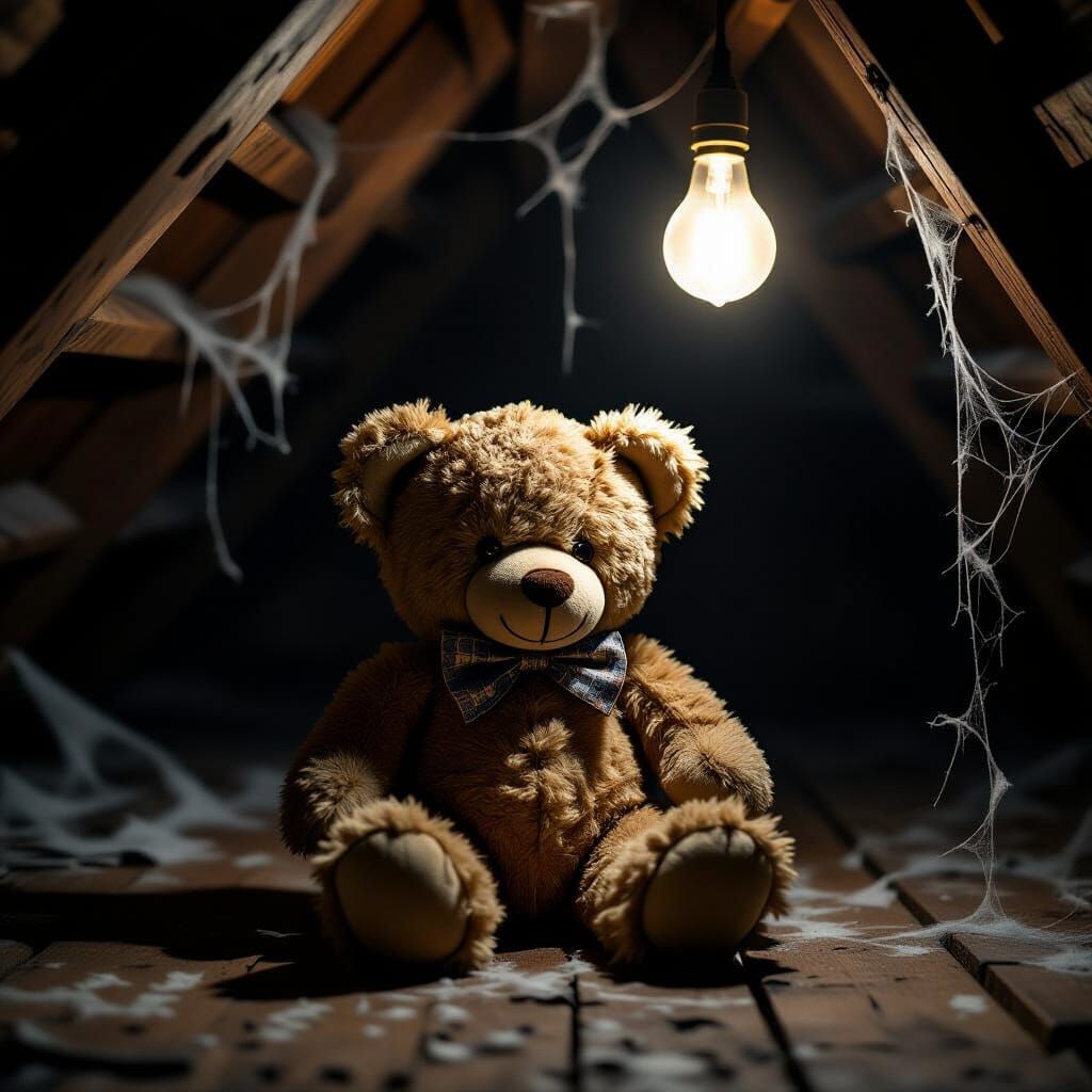 Tattered Teddy Bear in Eerie Attic Glow