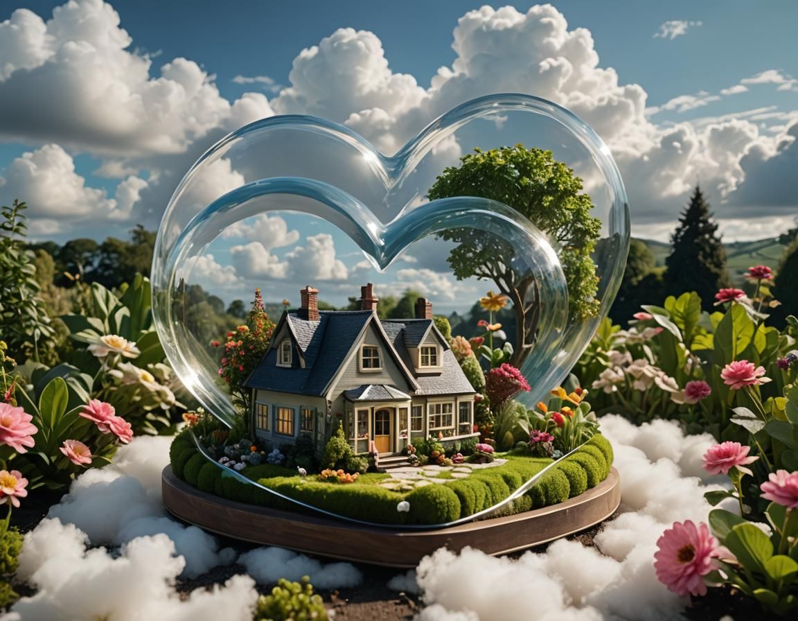 Giant Transparent Heart with Miniature Garden Cottage