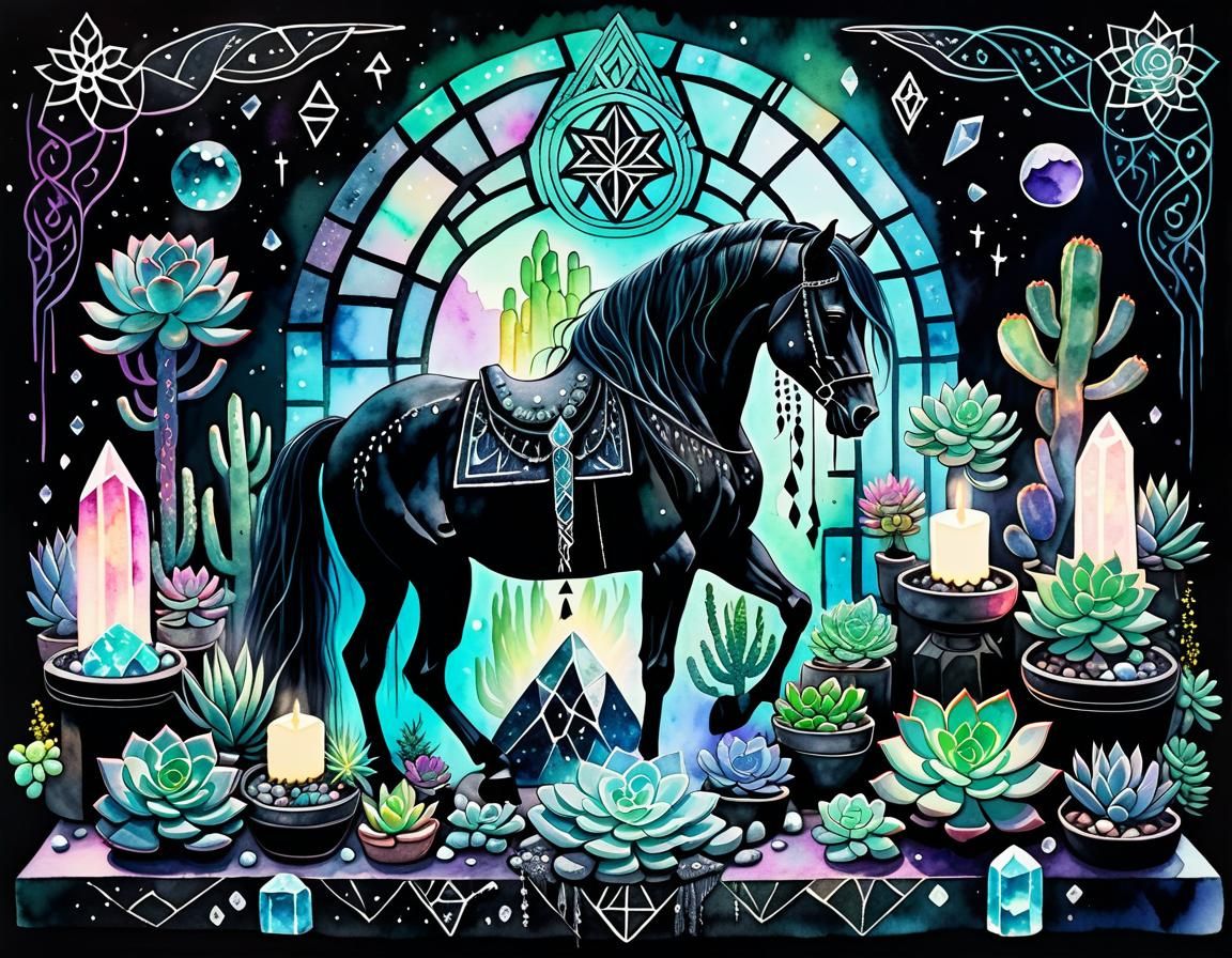 Goddess Altar with Black Horse in Watercolour