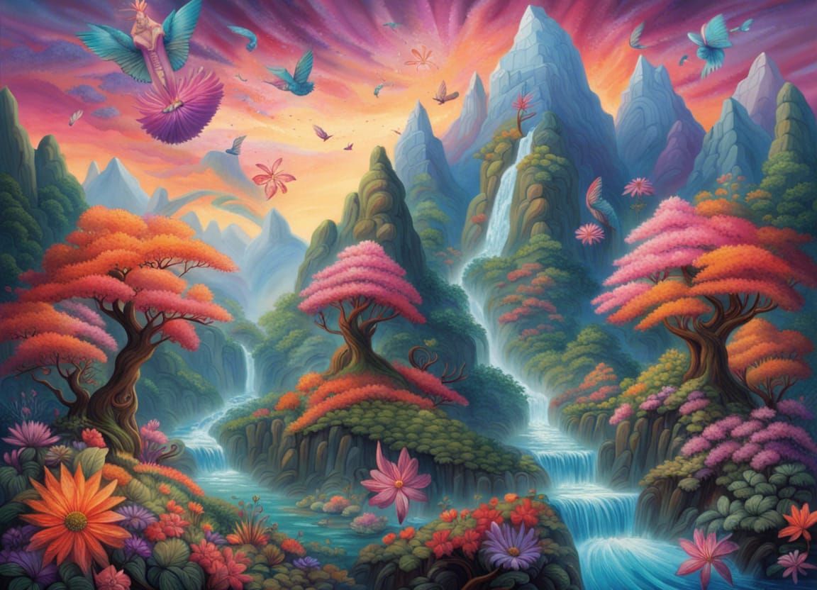 Surreal Landscape with Majestic Mountains and Exotic Flora