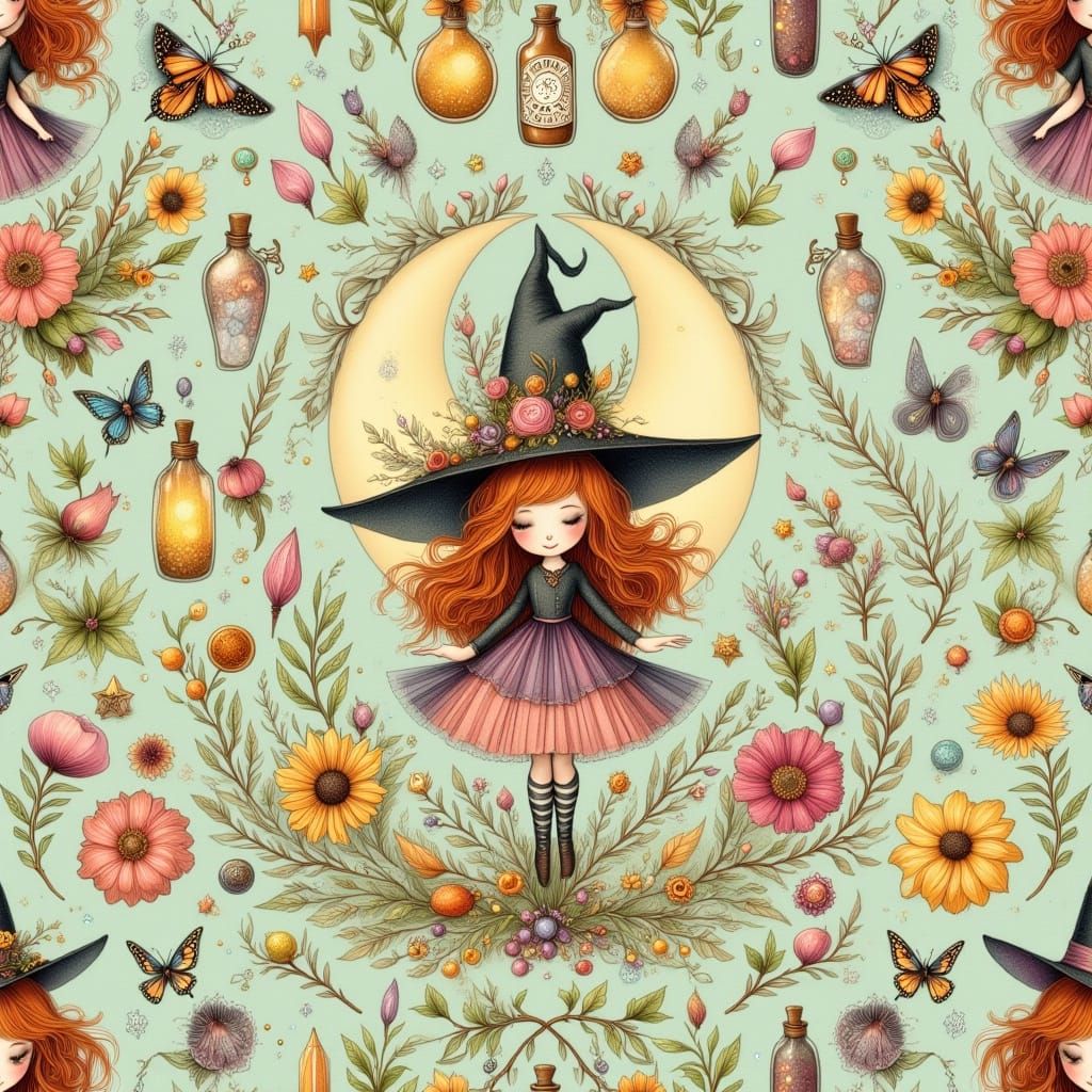 Whimsical Witch Pattern with Vintage Apothecary Elements