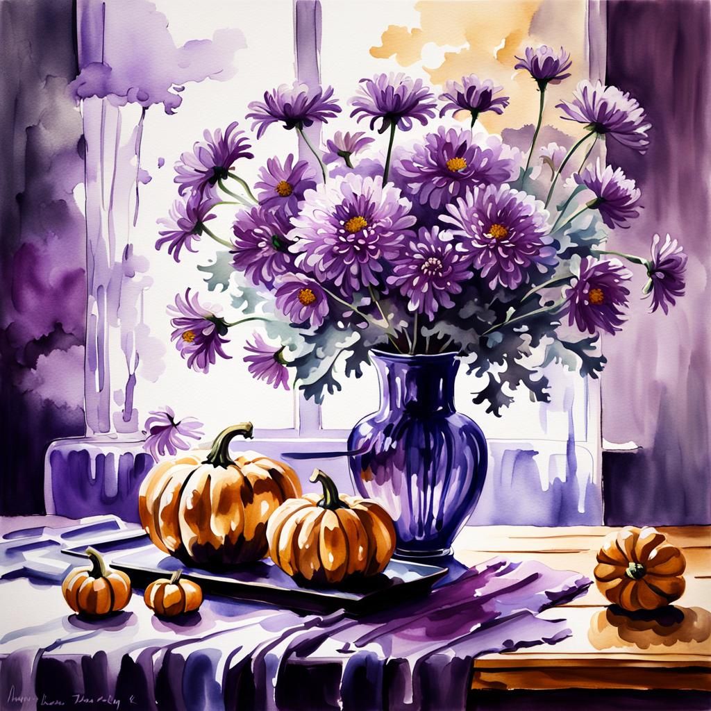 Purple Ink Still Life with Chrysanthemums and Pumpkins