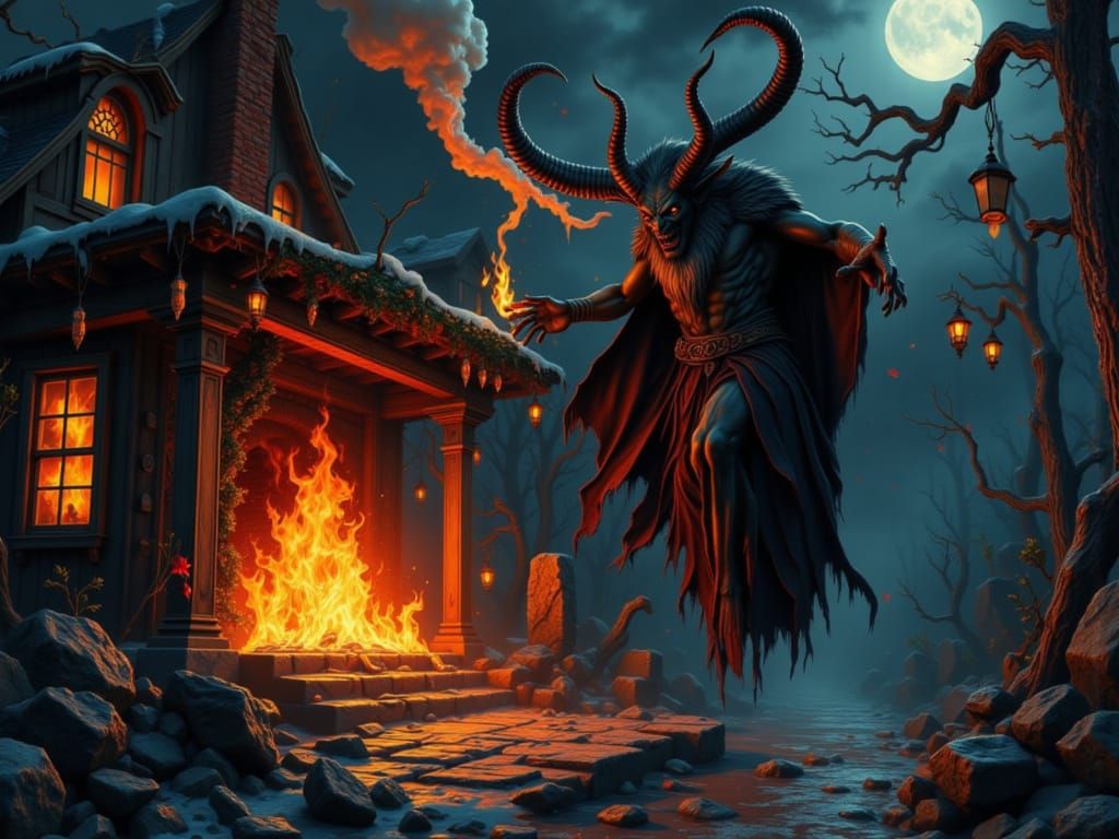 Krampus Near Fire in Dark Fantasy Christmas Home