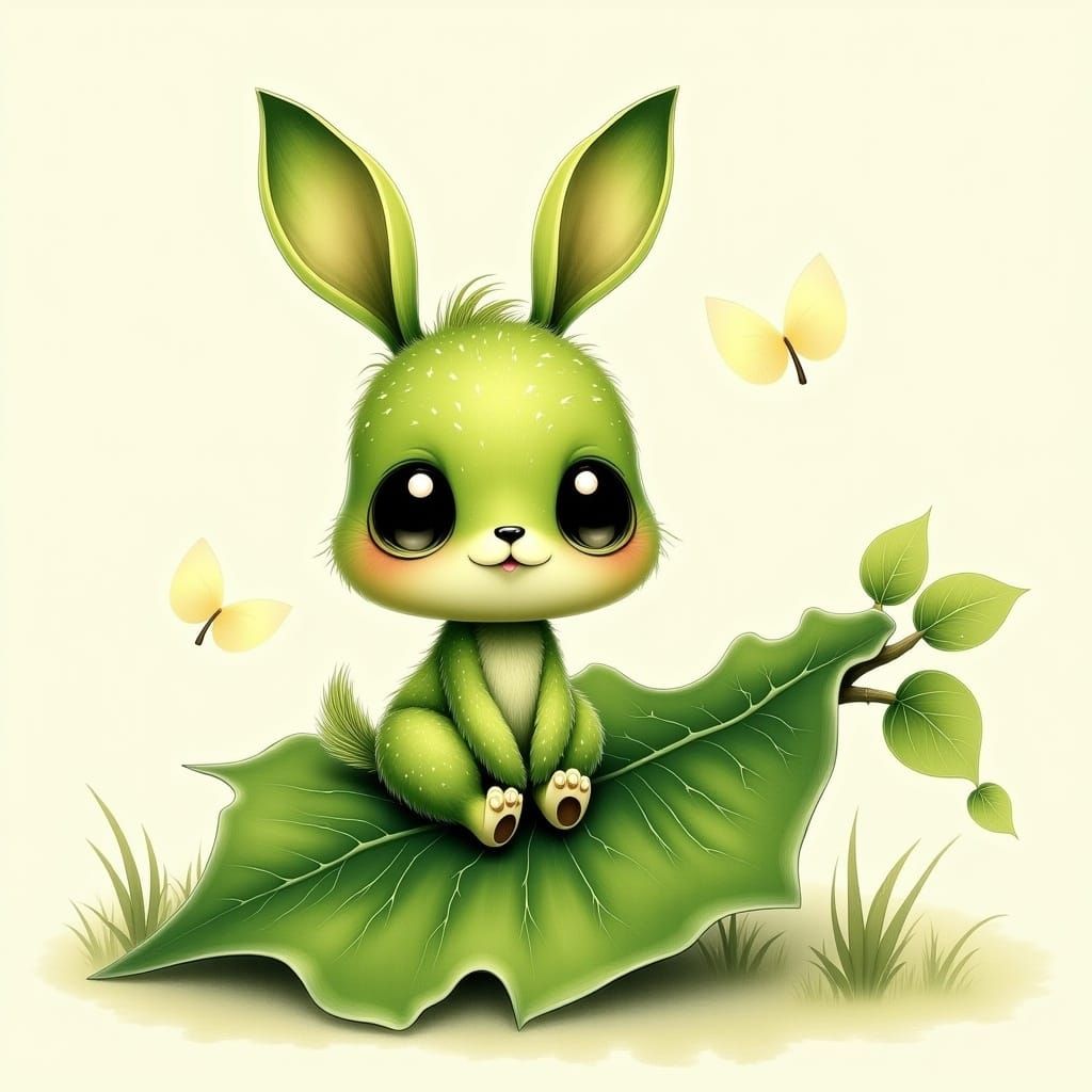 Whimsical Green Caterpillar on Undulating Leaf in Pastel Col...