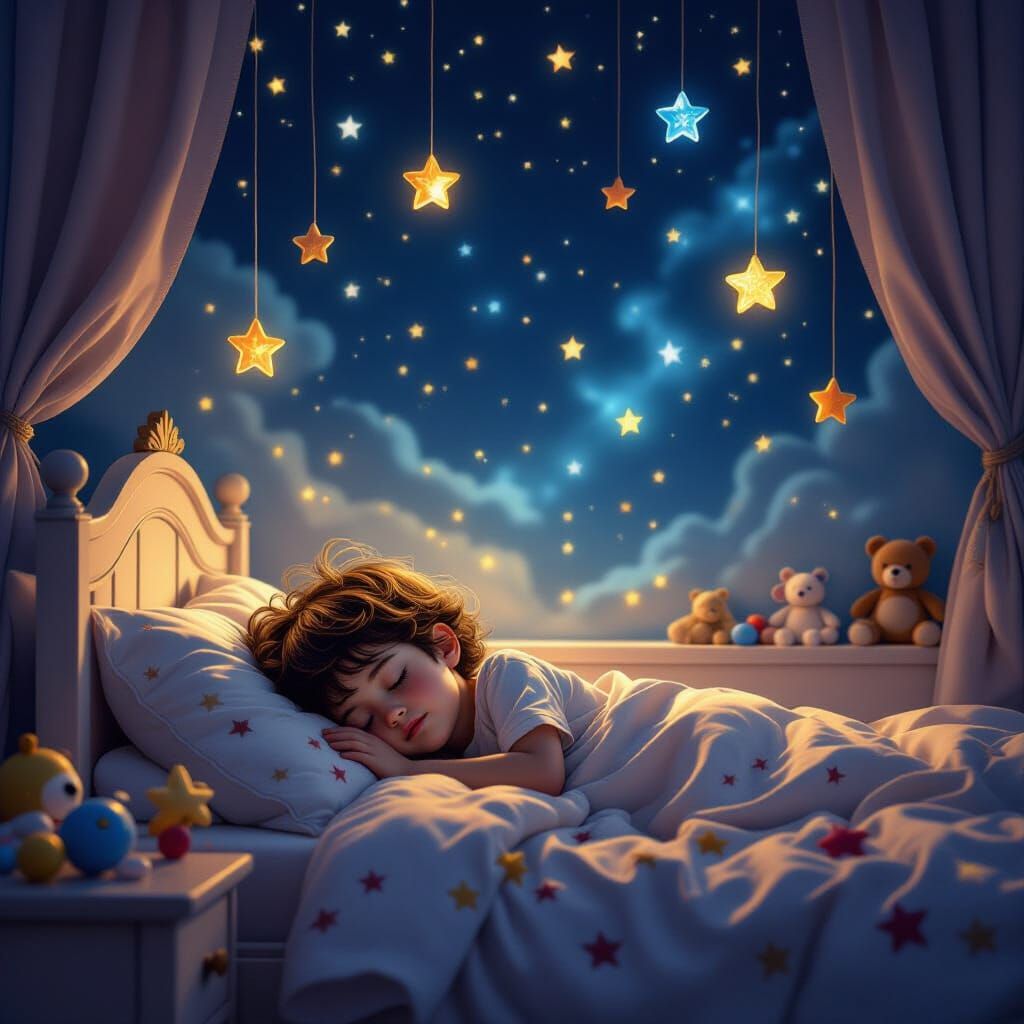 Child Sleeps in Magical Bedroom with Floating Toys
