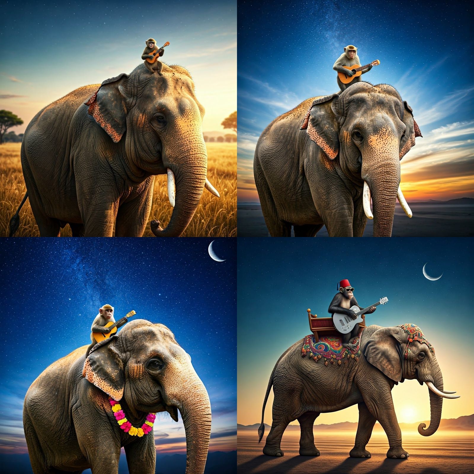 Elephant and Monkey Concert Under Starry Sky