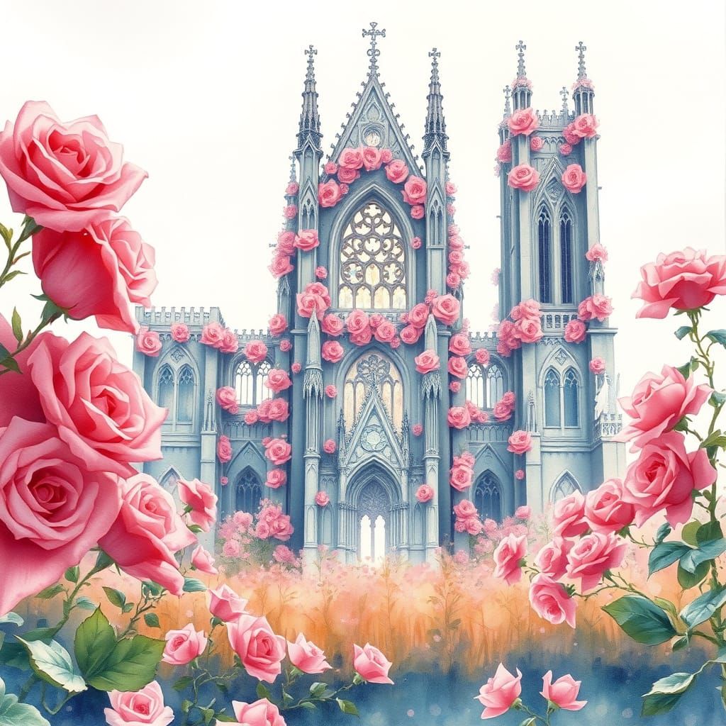 Pink Rose Cathedral in Pastel Watercolor Field