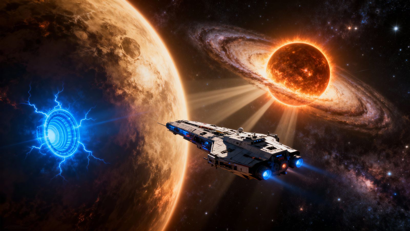 Spacecraft Navigates Binary Suns in Cosmic Nebula