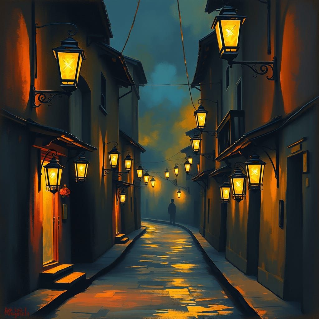 Golden Lanterns Illuminate Dim Street: Gouache Style