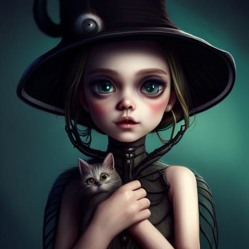Cute Skeleton Creature with Kitten in Digital Art