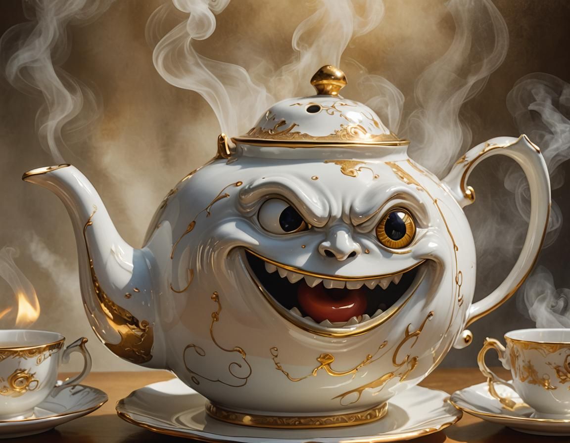 Evil Teapot Illustration with Golden Lighting
