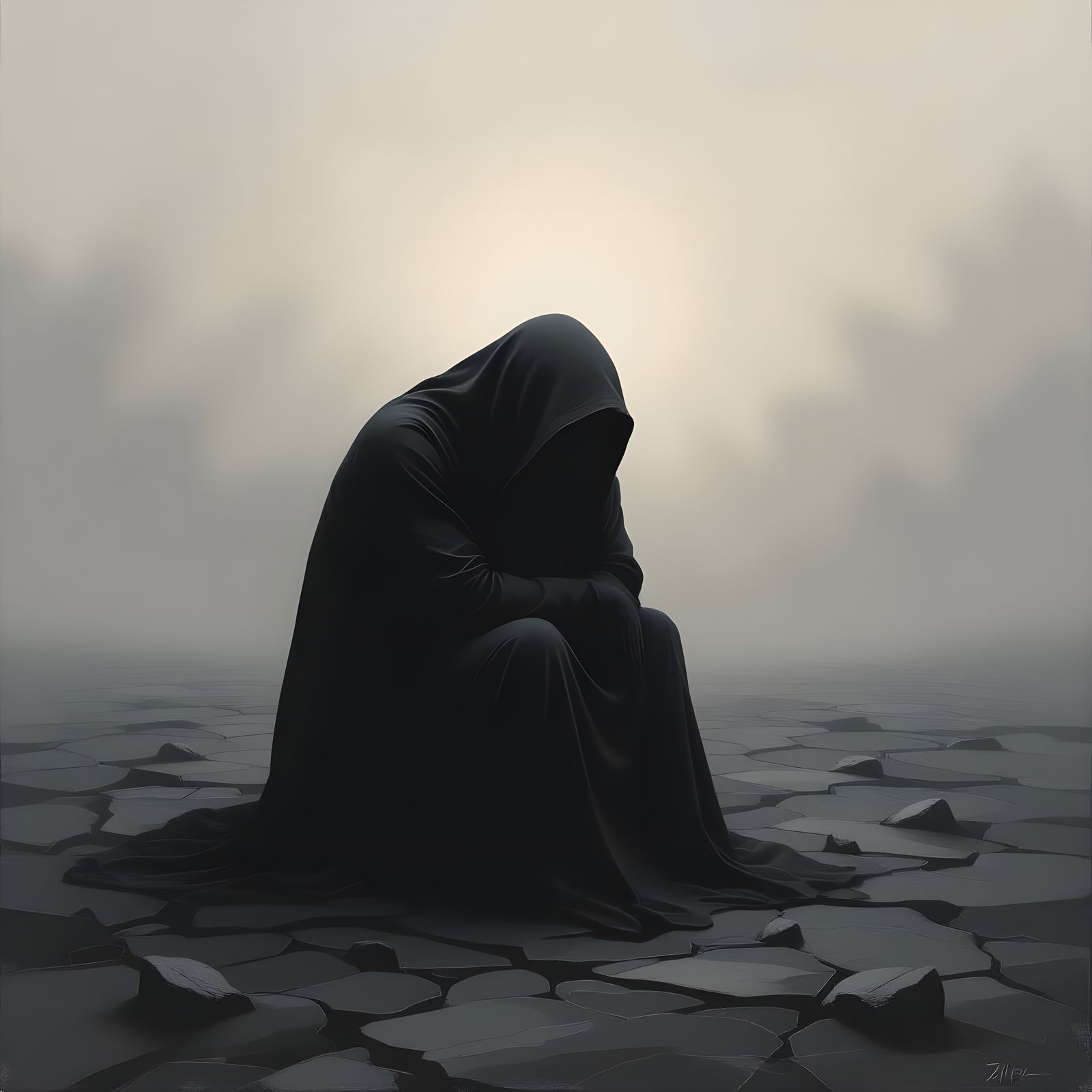 Figure of Despair in Barren Landscape