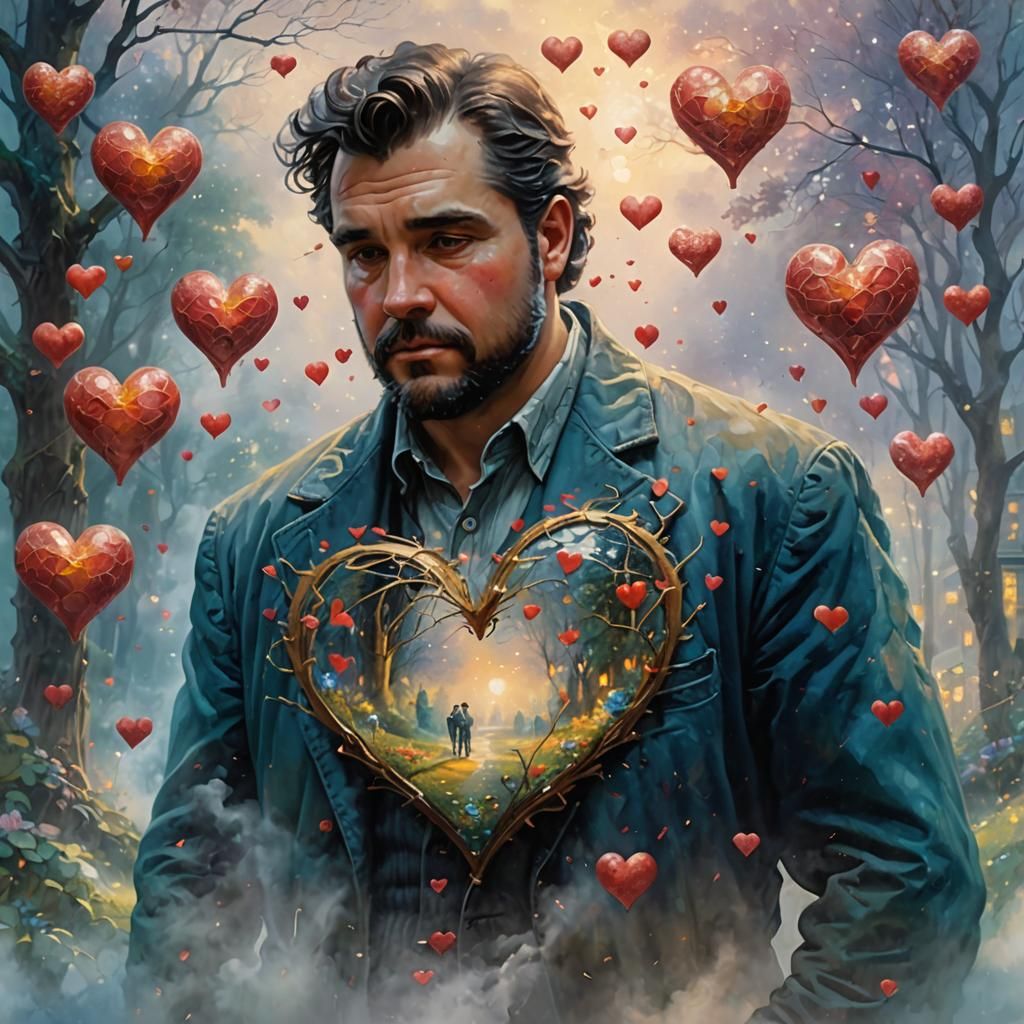 Double Exposure Hearts: Ethereal Ink Impasto Masterpiece