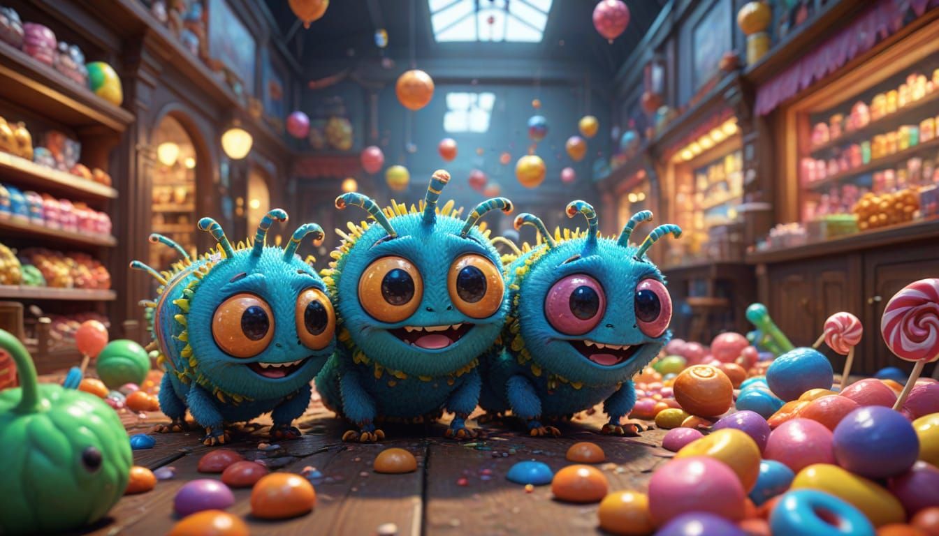 Cartoon Caterpillars' Candy Shop Adventure in 3D