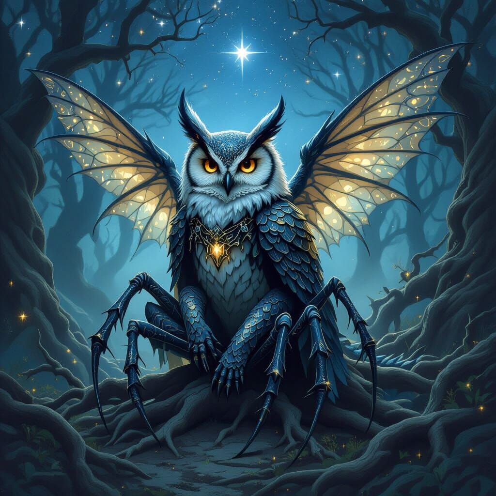 Mystical Owl-Spider-Dragon Hybrid in Misty Forest